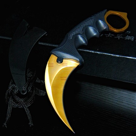 Тактический металлический нож с чехлом CS GO Керамбит КС ГО - Острый клинок из игры с кольцом под палец Золотистый